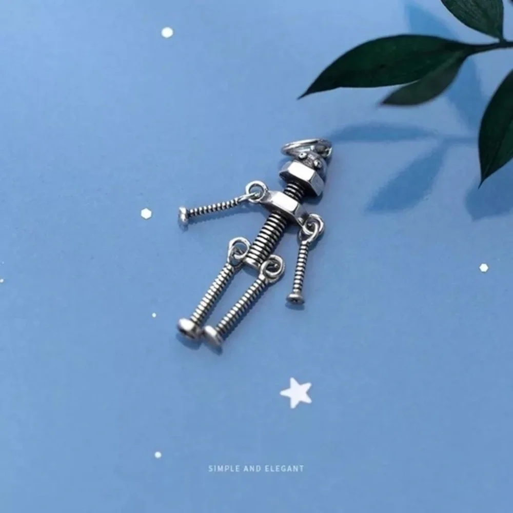 925 Sterling Silver Vintage Screw Robot Pendant Necklace